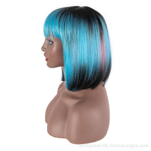 Wholesale machine made Wig Bob Short pixie cut ombre corlors With neat bang Heat-resisting Synthetic hair Wigs for black woman